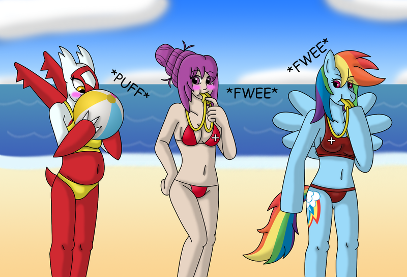 Size: 2060x1400 | Tagged: anthro, artist:gameboysage, beach, beach ball, bikini, blowing, blowing whistle, blushing, blushing profusely, blush sticker, breasts, clothes, derpibooru import, female, females only, fire emblem, fwee, kana, latias, lesbian, lifeguard, magical lesbian spawn, offspring, older, pokémon, pregnant, puffy cheeks, rainblow dash, rainbow dash, referee, suggestive, swimsuit, whistle, whistle necklace