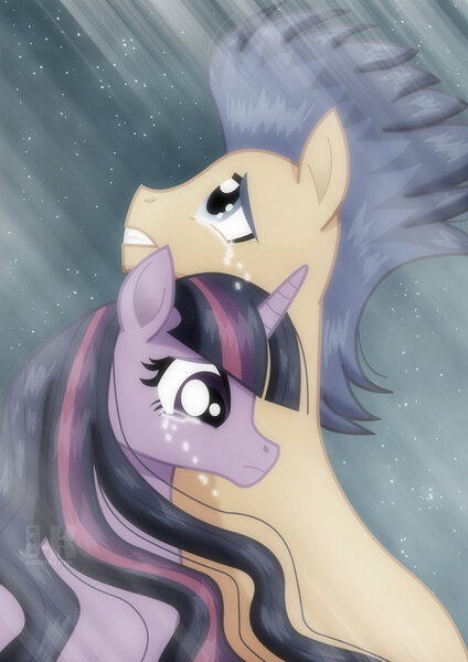 Size: 1600x2263 | Tagged: safe, artist:jotakaanimation, derpibooru import, flash sentry, twilight sparkle, twilight sparkle (alicorn), alicorn, pegasus, pony, couple, crying, female, flashlight, love, male, romantic, shipping, straight, tears of pain