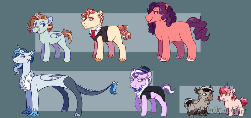 Size: 1024x482 | Tagged: safe, artist:kitkatsart, derpibooru import, oc, oc:autumn breeze, oc:blueberry, oc:feather dust, oc:muse, oc:mystic curse, oc:peachy punch, oc:rosie posie, unofficial characters only, draconequus, earth pony, hippogriff, hybrid, pegasus, pony, unicorn, bowtie, cape, clothes, draconequus oc, female, filly, hat, interspecies offspring, jewelry, magical lesbian spawn, male, mare, necktie, next generation, offspring, parent:apple bloom, parent:big macintosh, parent:diamond tiara, parent:discord, parent:dumbbell, parent:gabby, parent:lightning dust, parent:scootaloo, parent:starlight glimmer, parent:sugar belle, parent:tree hugger, parent:trixie, parent:zephyr breeze, parents:diamondbloom, parents:gabbyloo, parents:lightningbell, parents:startrix, parents:sugarmac, parents:trixcord, parents:zephyrhugger, pigtails, stallion, tiara, top hat, unshorn fetlocks, vest, watermark