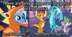 Size: 1198x624 | Tagged: safe, derpibooru import, edit, edited screencap, screencap, princess ember, smolder, spike, trixie, dragon, pony, unicorn, school daze, uncommon bond, adorable face, best dragon, board game, clothes, cropped, crossed arms, cute, diatrixes, dragon costume, dragon pit, dragoness, female, glowing horn, hand on hip, horn, insane troll logic, op is a silly pony, smiling, text