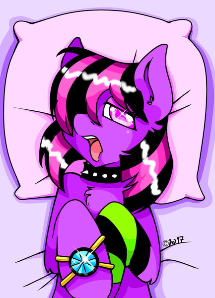 Size: 760x1052 | Tagged: suggestive, artist:imaranx, derpibooru import, oc, oc:sweetypunk, ahegao, bed, collar, jewelry, on back, on bed, open mouth, pillow, shiny, shiny hair, shiny mane, solo, tongue out