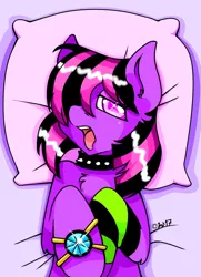 Size: 760x1052 | Tagged: suggestive, artist:imaranx, derpibooru import, oc, oc:sweetypunk, ahegao, bed, collar, jewelry, on back, on bed, open mouth, pillow, shiny, shiny hair, shiny mane, solo, tongue out