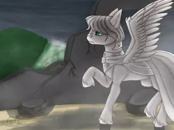 Size: 1024x768 | Tagged: safe, derpibooru import, oc, oc:light knight, unofficial characters only, pegasus, pony, armor, male, raised hoof, signature, solo, spread wings, stallion, unshorn fetlocks, wings