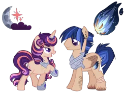 Size: 2384x1716 | Tagged: safe, artist:owl-clockwork, derpibooru import, oc, oc:moonlit star, oc:tiger comet, pegasus, pony, unicorn, armor, base used, brother and sister, ear piercing, earring, female, hoof shoes, horn, horn jewelry, jewelry, lidded eyes, male, mare, offspring, parent:flash sentry, parent:twilight sparkle, parents:flashlight, piercing, raised hoof, reference sheet, siblings, simple background, stallion, transparent background, unshorn fetlocks, watermark