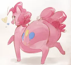 Size: 2000x1825 | Tagged: suggestive, artist:secretgoombaman12345, derpibooru import, pinkie pie, earth pony, pony, balloonbutt, butt, colored sketch, fat, female, gradient background, heart, huge butt, large butt, looking at you, looking back, looking back at you, plot, pudgy pie, rear view, sketch, solo, the ass was fat