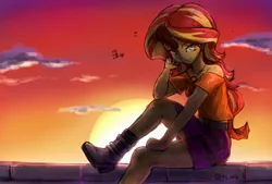 Size: 2039x1377 | Tagged: safe, artist:oberon826, derpibooru import, sunset shimmer, equestria girls, equestria girls series, belt, boots, brick wall, clothes, female, geode of empathy, high heel boots, legs, magical geodes, miniskirt, shoes, skirt, smiling, smirk, solo, sunset, sunshine shimmer