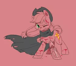 Size: 750x650 | Tagged: alternate cutie mark, amputee, appleborg, applejack, artist:yokokinawa, blood, cloak, clothes, derpibooru import, goretober, injured, one eye closed, prosthetic limb, prosthetics, semi-grimdark, vampire hunter