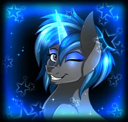 Size: 700x666 | Tagged: safe, artist:derpsonhooves, derpibooru import, part of a set, oc, oc:homage, unofficial characters only, pony, unicorn, fallout equestria, fanfic, abstract background, bust, chest fluff, fanfic art, female, glowing horn, horn, mare, one eye closed, portrait, smiling, solo, teeth, wink
