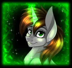 Size: 700x666 | Tagged: safe, artist:derpsonhooves, derpibooru import, part of a set, oc, oc:littlepip, unofficial characters only, pony, unicorn, fallout equestria, fanfic, abstract background, bust, chest fluff, fanfic art, female, glowing horn, horn, mare, portrait, scar, solo, teeth