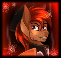 Size: 700x666 | Tagged: safe, artist:derpsonhooves, derpibooru import, part of a set, oc, oc:calamity, unofficial characters only, pegasus, pony, fallout equestria, fanfic, abstract background, bust, clothes, dashite, fanfic art, hat, male, portrait, scar, smiling, solo, stallion, teeth, wings