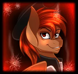 Size: 700x666 | Tagged: safe, alternate version, artist:derpsonhooves, derpibooru import, part of a set, oc, oc:calamity, unofficial characters only, pegasus, pony, fallout equestria, fanfic, abstract background, bust, clothes, dashite, fanfic art, hat, male, portrait, smiling, solo, stallion, teeth, wings