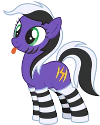 Size: 2204x2763 | Tagged: safe, artist:lightning stripe, derpibooru import, oc, oc:lightning stripe, unofficial characters only, earth pony, pony, :p, black and white mane, clothes, cross-eyed, female, green eyes, mare, purple, show accurate, silly, simple background, socks, solo, striped socks, stripes, tongue out, transparent background