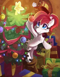 Size: 1600x2045 | Tagged: safe, artist:saxopi, derpibooru import, oc, oc:holly jolly, unofficial characters only, christmas, christmas tree, holiday, present, tree