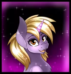 Size: 666x700 | Tagged: safe, artist:derpsonhooves, derpibooru import, part of a set, oc, oc:silver bell, unofficial characters only, pony, unicorn, fallout equestria, fanfic, abstract background, bust, chest fluff, fanfic art, female, filly, foal, glowing horn, horn, open mouth, portrait, solo, teeth