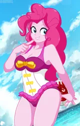 Size: 1583x2479 | Tagged: suggestive, artist:aboimages03, derpibooru import, pinkie pie, equestria girls, equestria girls series, forgotten friendship, breasts, busty pinkie pie, cast away, cleavage, clothes, female, movie reference, one-piece swimsuit, solo, solo female, sports, swimsuit, volleyball, wilson (cast away)