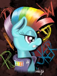 Size: 768x1024 | Tagged: artist:valemjj, derpibooru import, glam rock dash, punk, rainbow, rainbow dash, rock, safe, solo