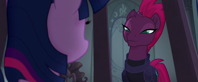 Size: 1920x804 | Tagged: safe, derpibooru import, screencap, tempest shadow, twilight sparkle, twilight sparkle (alicorn), alicorn, pony, unicorn, my little pony: the movie, armor, beautiful, broken horn, cage, canterlot castle, cruel, duo, evil grin, eye scar, faceless female, female, grin, horn, lidded eyes, mare, mohawk, offscreen character, refusal, scar, scarface, smiling, squint, stubborn, when she smiles