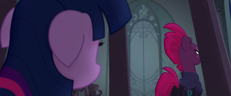 Size: 1920x804 | Tagged: safe, derpibooru import, screencap, tempest shadow, twilight sparkle, twilight sparkle (alicorn), alicorn, pony, unicorn, my little pony: the movie, armor, broken horn, butt, eye scar, female, floppy ears, horn, mare, plot, scar