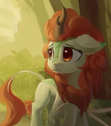 Size: 678x767 | Tagged: artist:draconidsmxz, autumn blaze, derpibooru import, female, forest, kirin, looking back, mare, plant, sad, safe, solo, sounds of silence, tree, wip