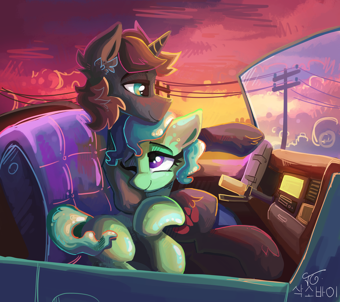 Size: 1599x1422 | Tagged: safe, artist:saxopi, derpibooru import, oc, oc:bikey, oc:pi, unofficial characters only, goo, goo pony, original species, pony, unicorn, car, cute, digital art, driving, female, male, mare, oc x oc, one eye closed, pikey, shipping, signature, sitting, sky, smiling, stallion, straight, sunset