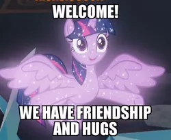 Size: 626x512 | Tagged: safe, derpibooru import, edit, edited screencap, screencap, tree of harmony, twilight sparkle, twilight sparkle (alicorn), alicorn, pony, what lies beneath, caption, cropped, female, friendship, hooves, hug, image macro, implied twilight sparkle, mare, meme, open hooves, school of friendship, smiling, solo, sparkles, spread wings, text, treelight sparkle, welcome, wings