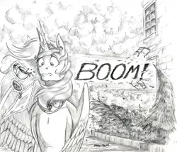 Size: 1300x1113 | Tagged: safe, artist:baron engel, derpibooru import, princess celestia, alicorn, pony, boom, cookie, cup, dreamscape, explosion, female, food, glowing horn, grayscale, horn, magic, mare, monochrome, onomatopoeia, pencil drawing, story included, teacup, telekinesis, traditional art