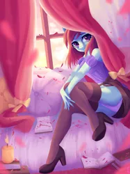 Size: 3100x4150 | Tagged: anthro, anthro oc, artist:hikerumin, blanket, blouse, book, clothes, commission, cozy, derpibooru import, female, floppy ears, garters, high heels, mare, oc, panties, pegasus, shoes, sitting, skirt, skirt lift, socks, solo, solo female, stockings, suggestive, sun, thigh highs, underwear, unofficial characters only, window, ych result