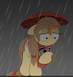 Size: 2480x2642 | Tagged: safe, artist:bobthedalek, derpibooru import, oc, oc:cream heart, earth pony, pony, bobthedalek is trying to murder us, buttongate, clothes, crying, cute, feels, female, looking down, mare, missing poster, rain, sad, sadorable, scarf, solo, teary eyes, umbrella