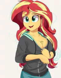 Size: 1979x2500 | Tagged: suggestive, artist:raps, derpibooru import, ray, sunset shimmer, gecko, human, leopard gecko, equestria girls, adorasexy, between breasts, big breasts, breasts, busty sunset shimmer, cleavage, clothes, cute, female, hair, hoodie, multicolored hair, ray snuggling in sunset's cleavage, raybetes, sexy, shimmerbetes, smiling, stupid sexy sunset shimmer, sweater