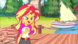 Size: 640x360 | Tagged: safe, derpibooru import, edit, edited screencap, screencap, pinkie pie, sunset shimmer, equestria girls, legend of everfree, animated, blue screen of death, camp everfree outfits, crashed, meme, pyrocynical, so guys we did it, sound, sunset sees things, virus, webm