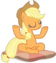 Size: 1789x2013 | Tagged: safe, artist:frownfactory, derpibooru import, applejack, earth pony, pony, a rockhoof and a hard place, .svg available, applejack's hat, cowboy hat, crossed legs, eyes closed, female, hat, lotus position, mare, meditating, meditation, pillow, simple background, sitting, smiling, solo, svg, transparent background, vector