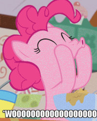 Size: 319x400 | Tagged: safe, derpibooru import, edit, edited screencap, screencap, pinkie pie, earth pony, pony, secrets and pies, animated, batter, bowl, cake batter, caption, cropped, cupcake, excited, eyes closed, female, food, gif, happy, image macro, mare, meme, mixing bowl, noisemaker, open mouth, party pony, shaking, sugarcube corner, text