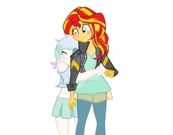 Size: 1024x794 | Tagged: safe, artist:rollingbubblesfan, derpibooru import, sunset shimmer, oc, oc:icy bliss, equestria girls, friendship games, blushing, hug, icyshimmer, shipping, simple background, transparent background, vector