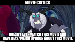 Size: 888x499 | Tagged: caption, derpibooru import, edit, edited screencap, image macro, meme, meta, my little pony: the movie, review, safe, screencap, sharp teeth, solo focus, storm king, teeth, tempest shadow, text