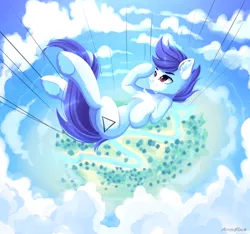 Size: 4679x4377 | Tagged: safe, artist:airiniblock, derpibooru import, oc, unofficial characters only, earth pony, pony, absurd resolution, cloud, commission, ear fluff, falling, male, rcf community, skydiving, smiling, solo, stallion