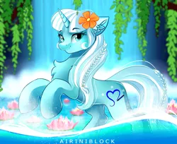 Size: 2555x2085 | Tagged: safe, artist:airiniblock, derpibooru import, oc, pony, unicorn, commission, female, flower, flower in hair, looking at you, mare, rcf community, smiling, solo, water, waterfall, ych result