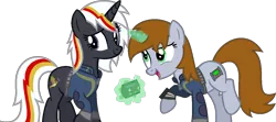 Size: 1385x616 | Tagged: safe, artist:pegasski, derpibooru import, oc, oc:littlepip, oc:velvet remedy, unofficial characters only, pony, unicorn, fallout equestria, fanfic, clothes, cutie mark, fanfic art, female, glowing horn, hooves, horn, levitation, magic, mare, open mouth, pipbuck, simple background, smiling, telekinesis, transparent background, vault suit