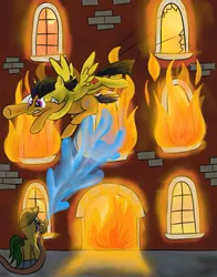 Size: 791x1011 | Tagged: safe, artist:johnpearl1979, derpibooru import, oc, oc:wildfire, pegasus, pony, fanfic art, fire, firefighter, grin, motion lines, mouth hold, smiling, wilyverse