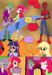 Size: 1024x1465 | Tagged: safe, artist:edcom02, artist:jmkplover, derpibooru import, apple bloom, applejack, spike, twilight sparkle, twilight sparkle (alicorn), alicorn, comic:fun in the mud, equestria girls, belt, boots, bow, cleaning, clothes, cowboy hat, crossover, equestria girls-ified, hair bow, hat, hose, human coloration, jeans, mud, nervous, pants, shirt, shoes, spider-man, washing, water