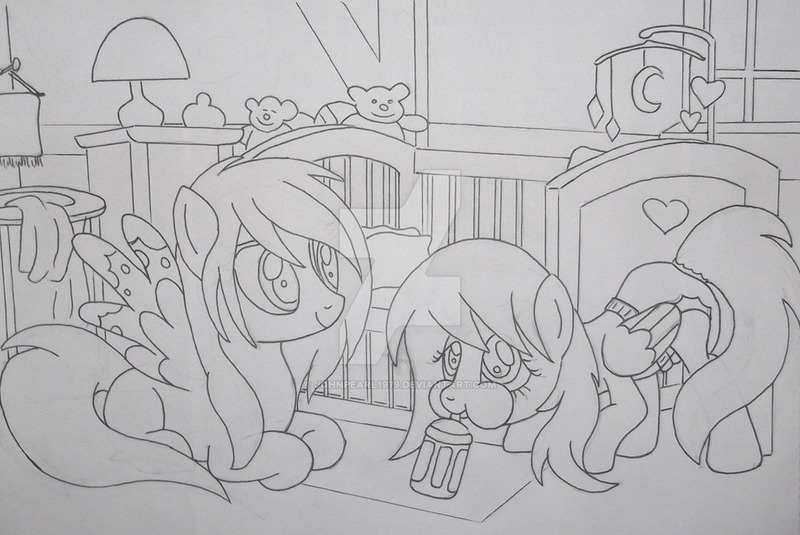 Size: 1024x685 | Tagged: suggestive, artist:johnpearl1979, derpibooru import, oc, oc:bluefeather, oc:cyclone, pegasus, pony, abdl, baby bottle, crib, diaper, fanfic art, lineart, obtrusive watermark, prone, smiling, traditional art, watermark, wilyverse
