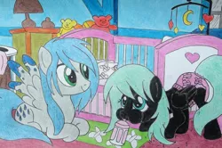 Size: 1024x681 | Tagged: suggestive, artist:johnpearl1979, derpibooru import, oc, oc:bluefeather, oc:cyclone, pegasus, pony, abdl, baby bottle, crib, crib mobile, diaper, diaper fetish, fanfic art, fetish, prone, smiling, traditional art, watermark, wilyverse