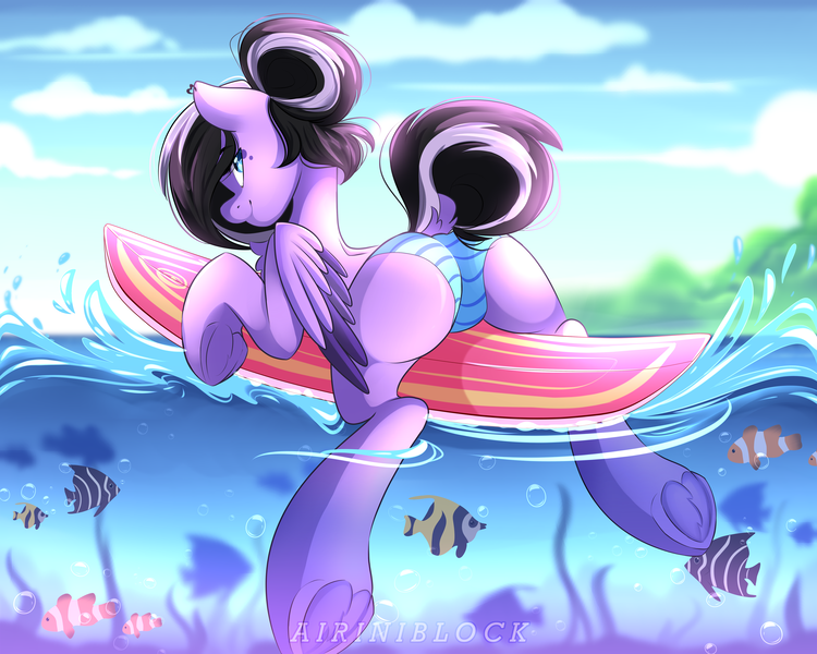 Size: 5555x4444 | Tagged: suggestive, artist:airiniblock, derpibooru import, oc, oc:sky dancer, unofficial characters only, fish, pegasus, pony, absurd resolution, beach, bikini, bikini bottom, butt, clothes, cloud, commission, female, floating, frog (hoof), looking back, mare, plot, rcf community, sky, smiling, solo, striped swimsuit, surfboard, surfing, swimsuit, tree, underhoof, water, ych result