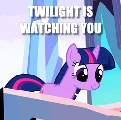 Size: 499x495 | Tagged: safe, derpibooru import, edit, edited screencap, screencap, twilight sparkle, pony, unicorn, the crystal empire, caption, cropped, image macro, looking down, meme, reaction image, smiling, solo, text, unicorn twilight, watching