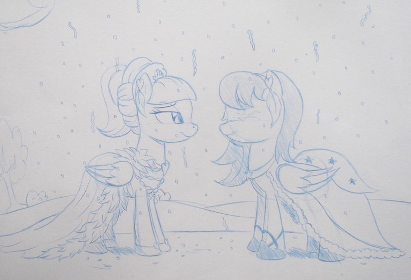 Size: 1024x698 | Tagged: safe, artist:johnpearl1979, derpibooru import, oc, oc:wildfire, pegasus, pony, clothes, dress, flower, flower in hair, mistletoe, rain, sketch, wedding dress, wilyverse