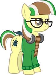 Size: 1849x2478 | Tagged: safe, artist:lightning stripe, derpibooru import, oc, oc:beetle beat, oc:hercules, unofficial characters only, beetle, earth pony, insect, pony, rhinoceros beetle, brown eyes, clothes, female, glasses, headphones, mare, scarf, show accurate, simple background, solo, sweater, transparent background