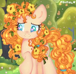 Size: 3400x3318 | Tagged: safe, artist:bunxl, derpibooru import, pear butter, earth pony, pony, cute, female, flower, flower in hair, heart eyes, mare, pearabetes, solo, starry eyes, weapons-grade cute, wingding eyes