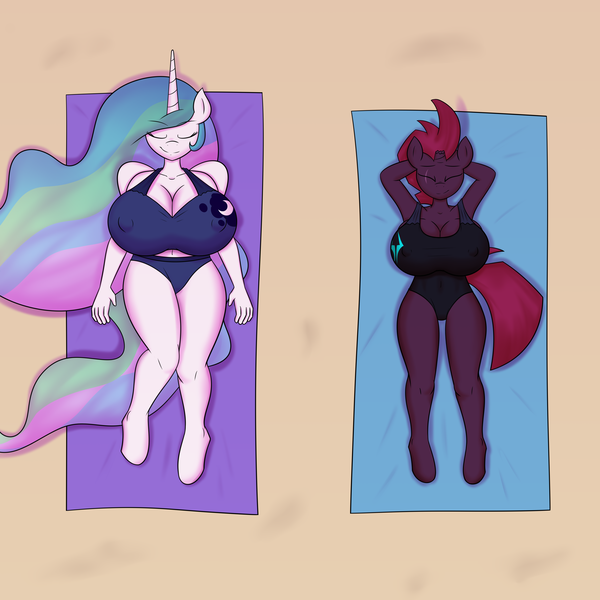 Size: 3000x3000 | Tagged: anthro, artist:funble, beach, beach towel, big breasts, breasts, busty princess celestia, busty tempest shadow, derpibooru import, duo, duo female, erect nipples, eyes closed, female, huge breasts, implied lesbian, implied princest, implied shipping, impossibly large breasts, nipple outline, princess celestia, questionable, smiling, sun bathing, tempest shadow, unguligrade anthro