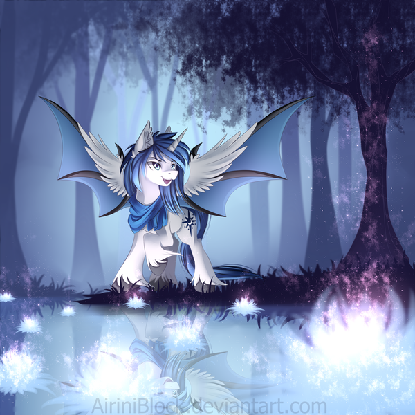 Size: 2666x2666 | Tagged: safe, artist:airiniblock, derpibooru import, oc, oc:prince nova, unofficial characters only, alicorn, bat pony, alicorn oc, bat pony oc, bat wings, commission, ear fluff, grass, horn, male, open mouth, rcf community, solo, stallion, tree, water, wings, ych result