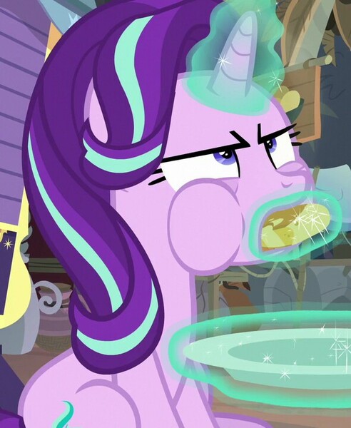 Size: 590x719 | Tagged: safe, derpibooru import, screencap, starlight glimmer, pony, unicorn, road to friendship, angry, cropped, eating, female, glowing horn, haycakes, horn, magic, magic aura, mare, solo, telekinesis, trixie's wagon