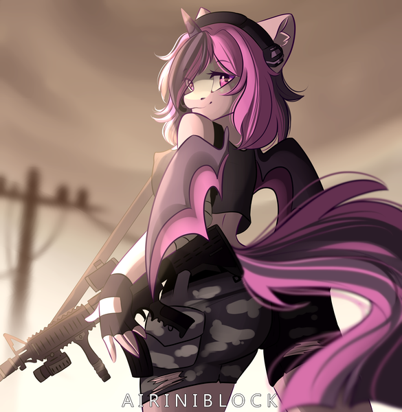 Size: 2695x2765 | Tagged: questionable, artist:airiniblock, derpibooru import, oc, oc:battica, unofficial characters only, anthro, bat pony, anthro oc, bat pony oc, bat wings, breasts, clothes, commission, covered nipples, ear fluff, female, fingerless gloves, gloves, gun, horn, looking at you, looking back, rcf community, shirt, short, smiling, solo, solo female, weapon, wings, ych result